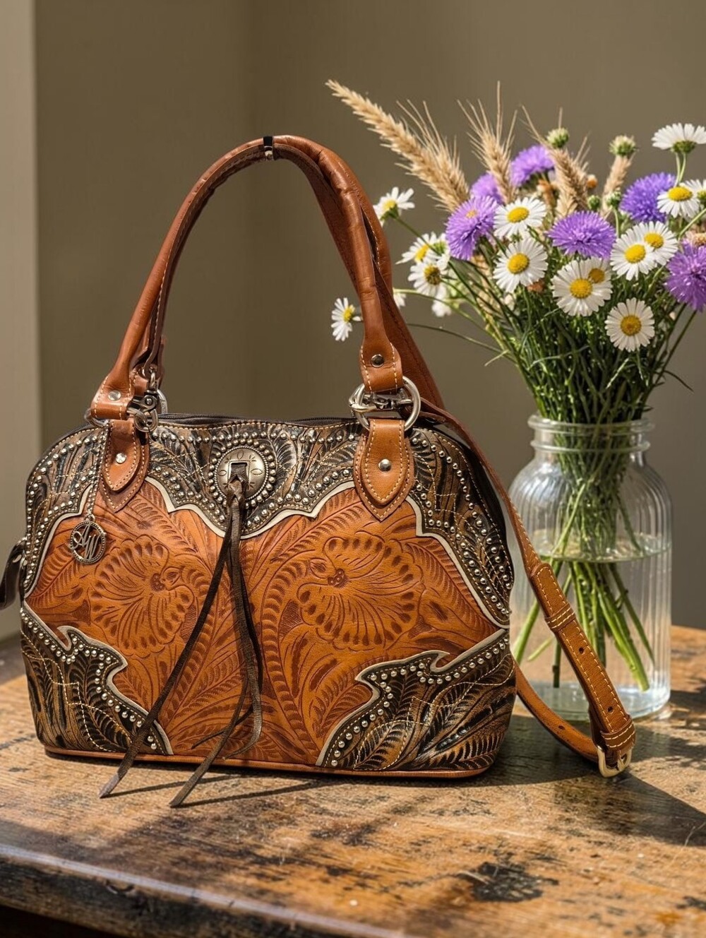 American West Desert Wildflower Leather Boho Satchel Crossbody